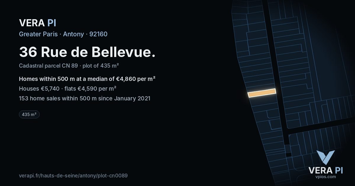 36 Rue de Bellevue, Antony at night – the plot lit, the parcels around coloured by the prices near them