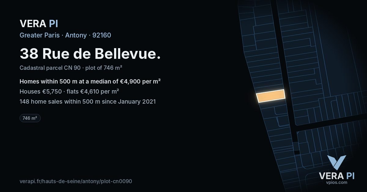 38 Rue de Bellevue, Antony at night – the plot lit, the parcels around coloured by the prices near them