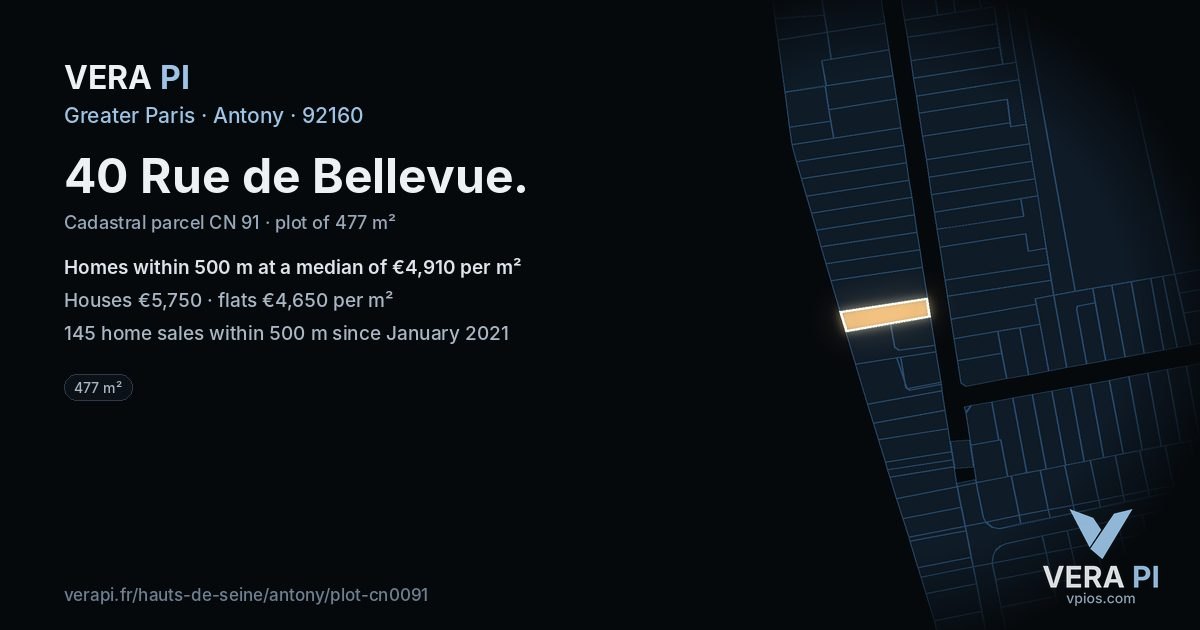 40 Rue de Bellevue, Antony at night – the plot lit, the parcels around coloured by the prices near them