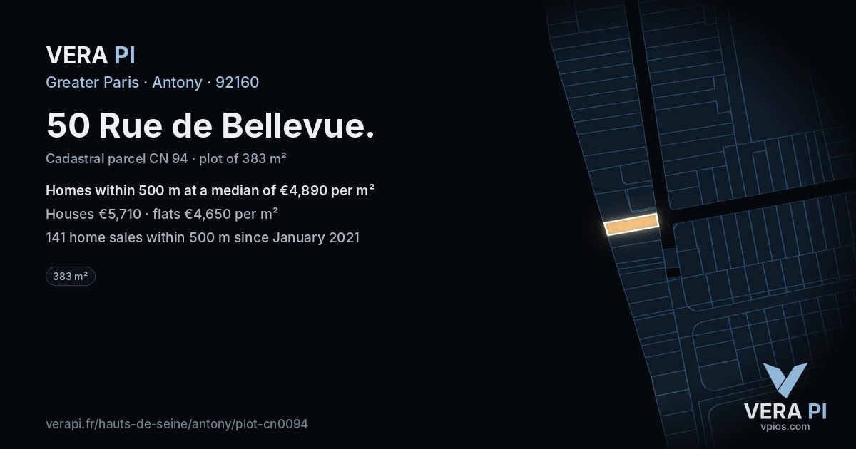 50 Rue de Bellevue, Antony at night – the plot lit, the parcels around coloured by the prices near them