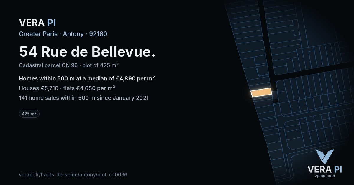 54 Rue de Bellevue, Antony at night – the plot lit, the parcels around coloured by the prices near them