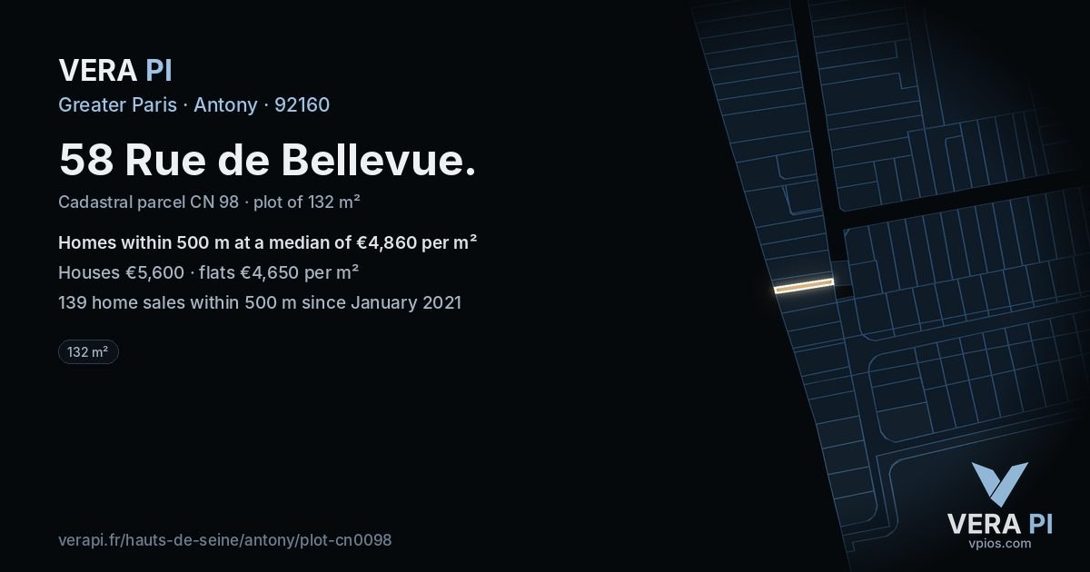58 Rue de Bellevue, Antony at night – the plot lit, the parcels around coloured by the prices near them