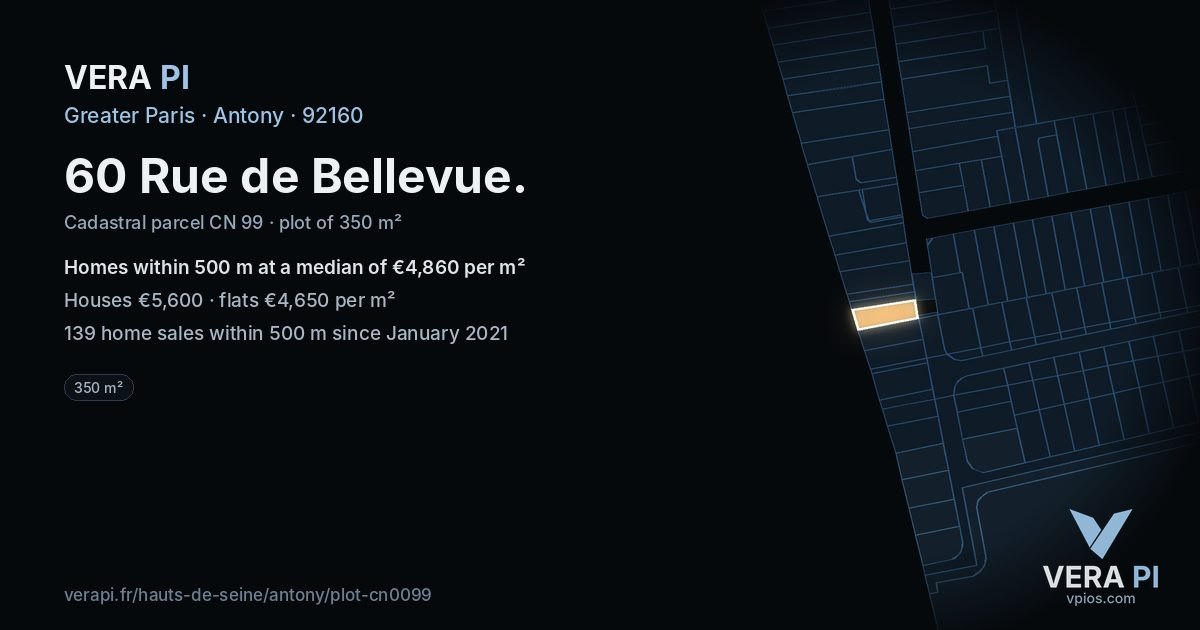 60 Rue de Bellevue, Antony at night – the plot lit, the parcels around coloured by the prices near them
