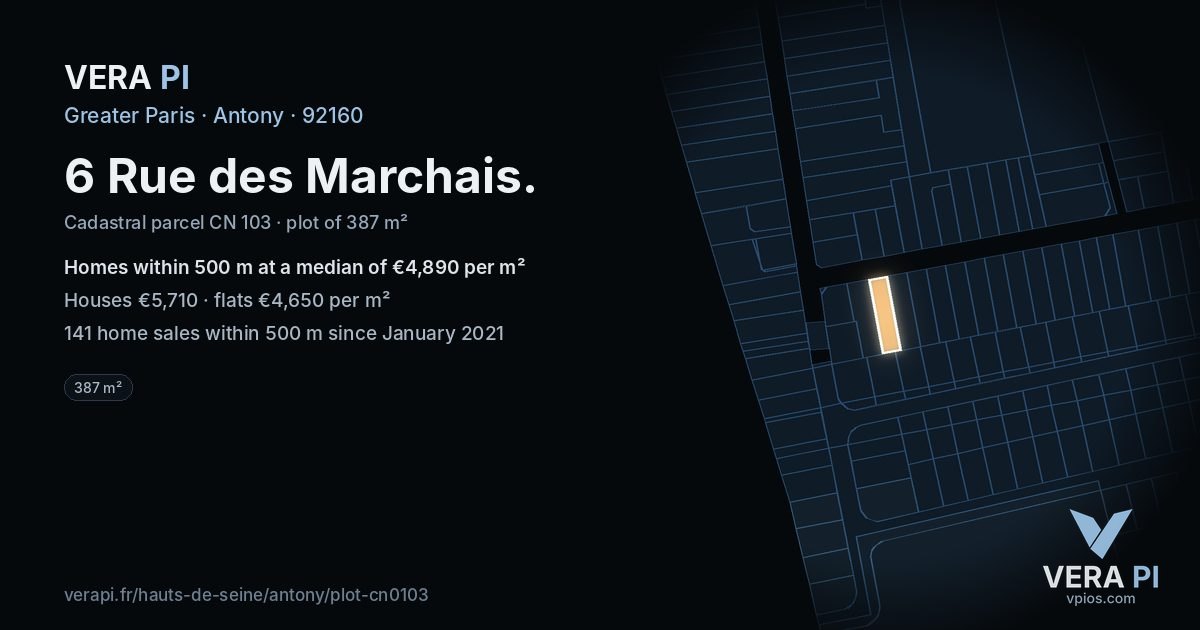 6 Rue des Marchais, Antony at night – the plot lit, the parcels around coloured by the prices near them