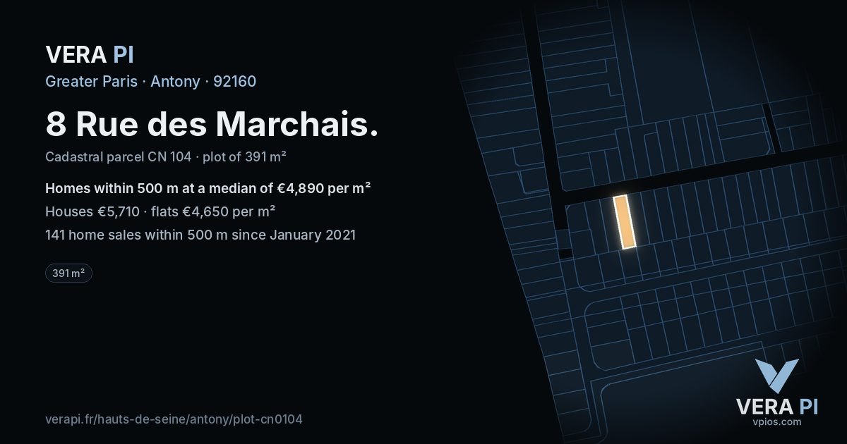 8 Rue des Marchais, Antony at night – the plot lit, the parcels around coloured by the prices near them