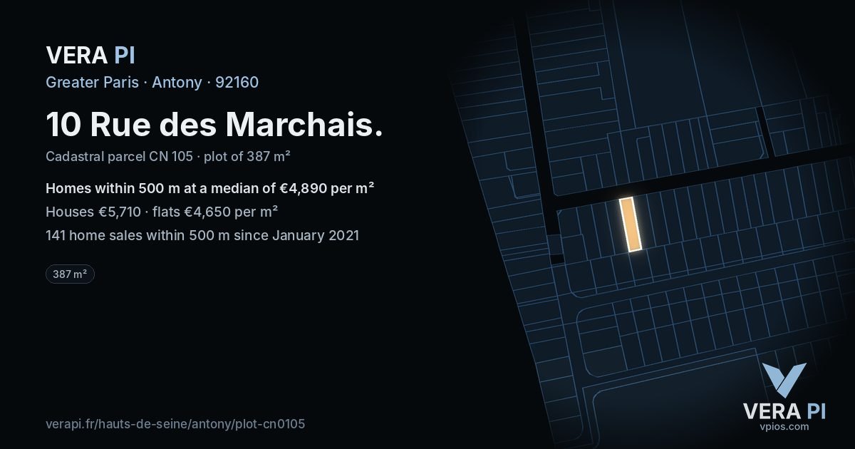 10 Rue des Marchais, Antony at night – the plot lit, the parcels around coloured by the prices near them