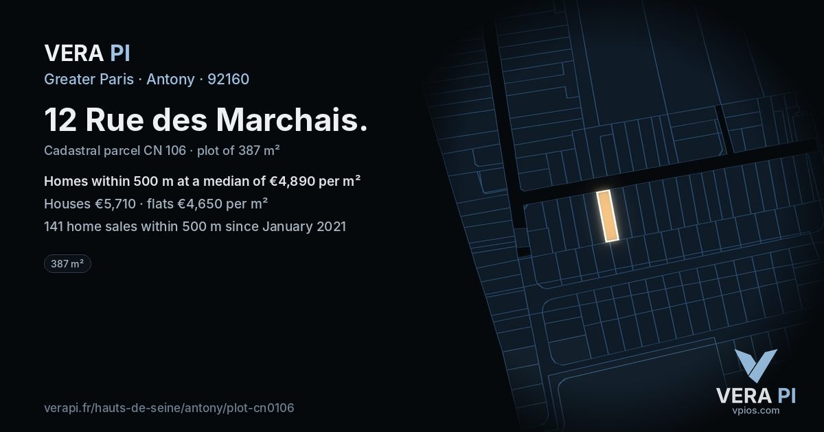 12 Rue des Marchais, Antony at night – the plot lit, the parcels around coloured by the prices near them