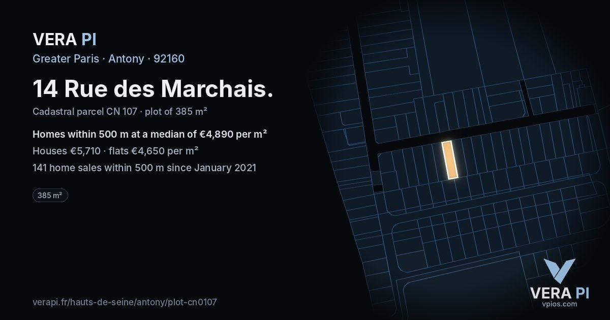 14 Rue des Marchais, Antony at night – the plot lit, the parcels around coloured by the prices near them