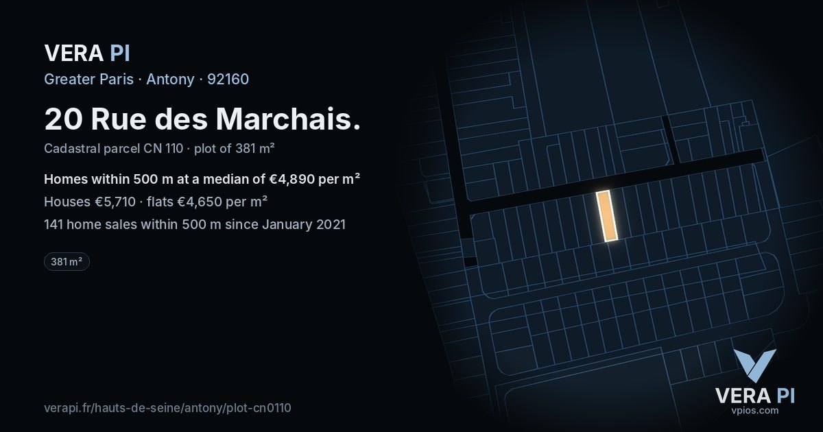 20 Rue des Marchais, Antony at night – the plot lit, the parcels around coloured by the prices near them