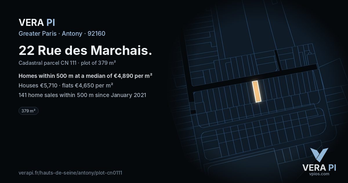 22 Rue des Marchais, Antony at night – the plot lit, the parcels around coloured by the prices near them
