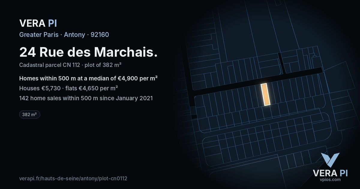 24 Rue des Marchais, Antony at night – the plot lit, the parcels around coloured by the prices near them