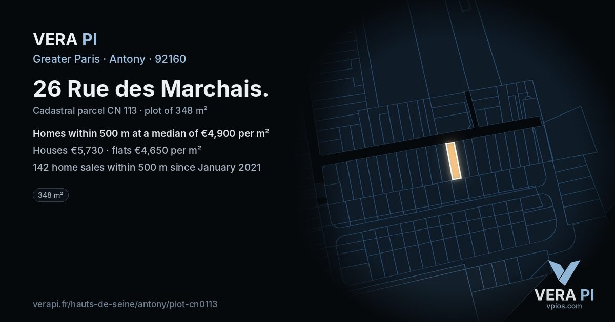 26 Rue des Marchais, Antony at night – the plot lit, the parcels around coloured by the prices near them
