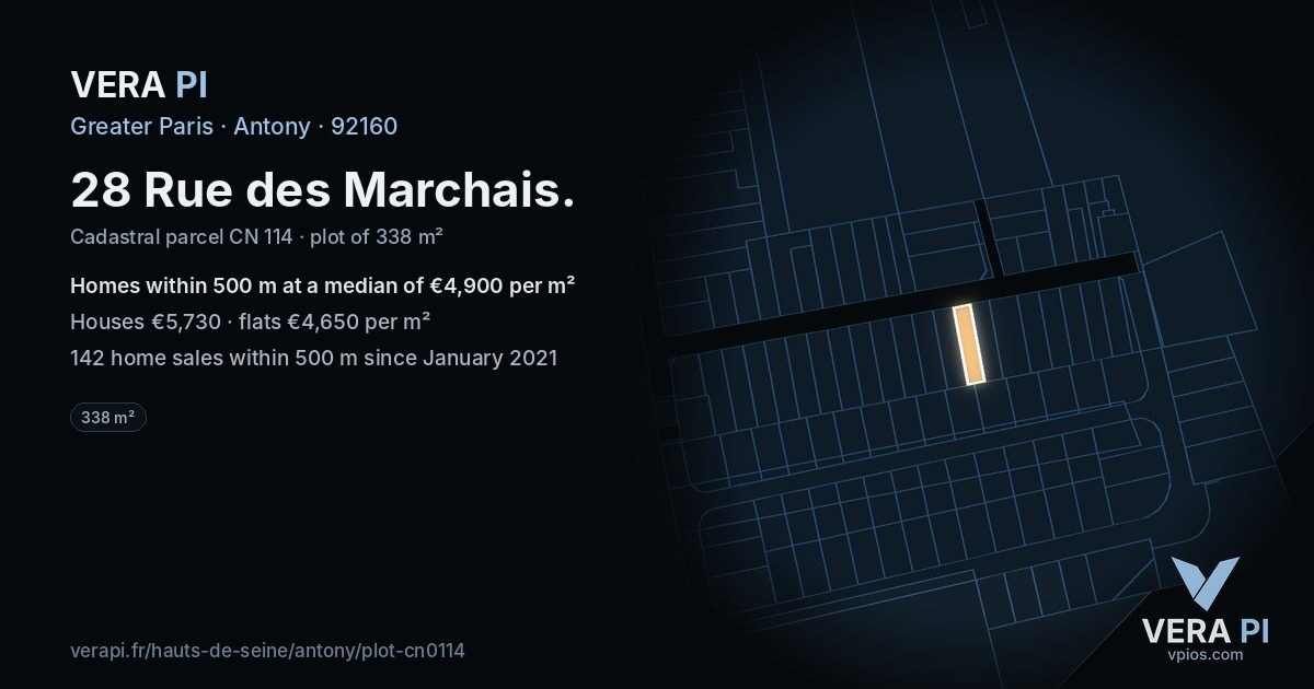 28 Rue des Marchais, Antony at night – the plot lit, the parcels around coloured by the prices near them