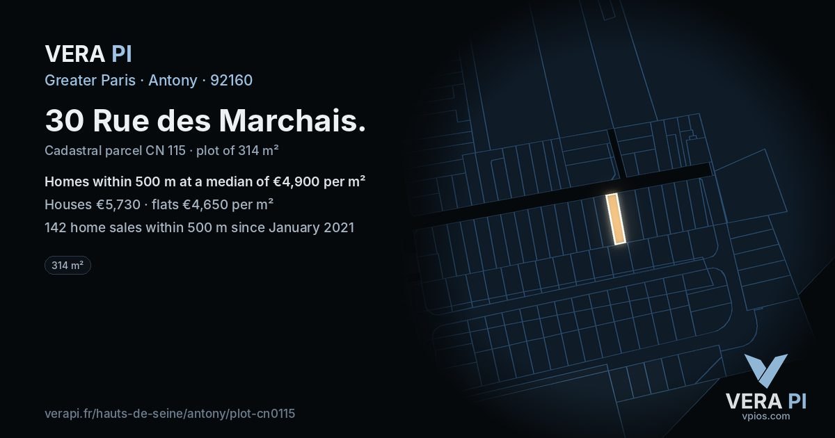 30 Rue des Marchais, Antony at night – the plot lit, the parcels around coloured by the prices near them