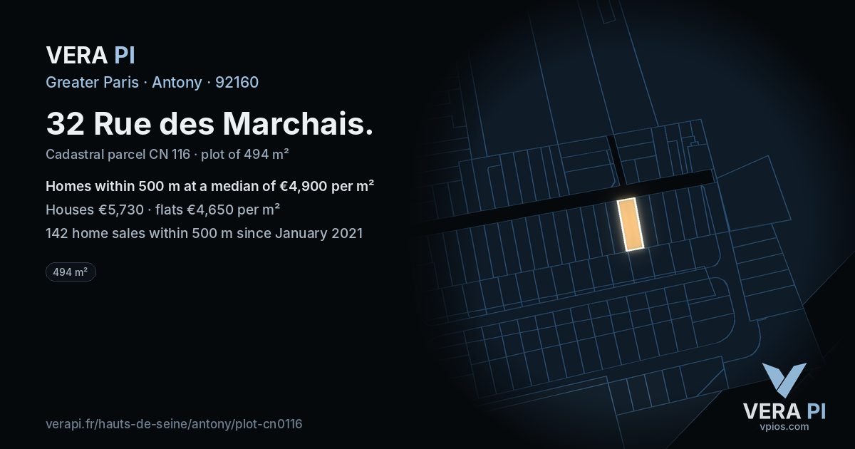 32 Rue des Marchais, Antony at night – the plot lit, the parcels around coloured by the prices near them