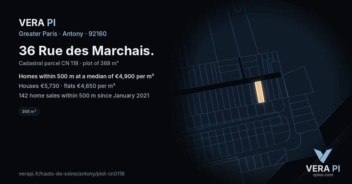 36 Rue des Marchais, Antony at night – the plot lit, the parcels around coloured by the prices near them