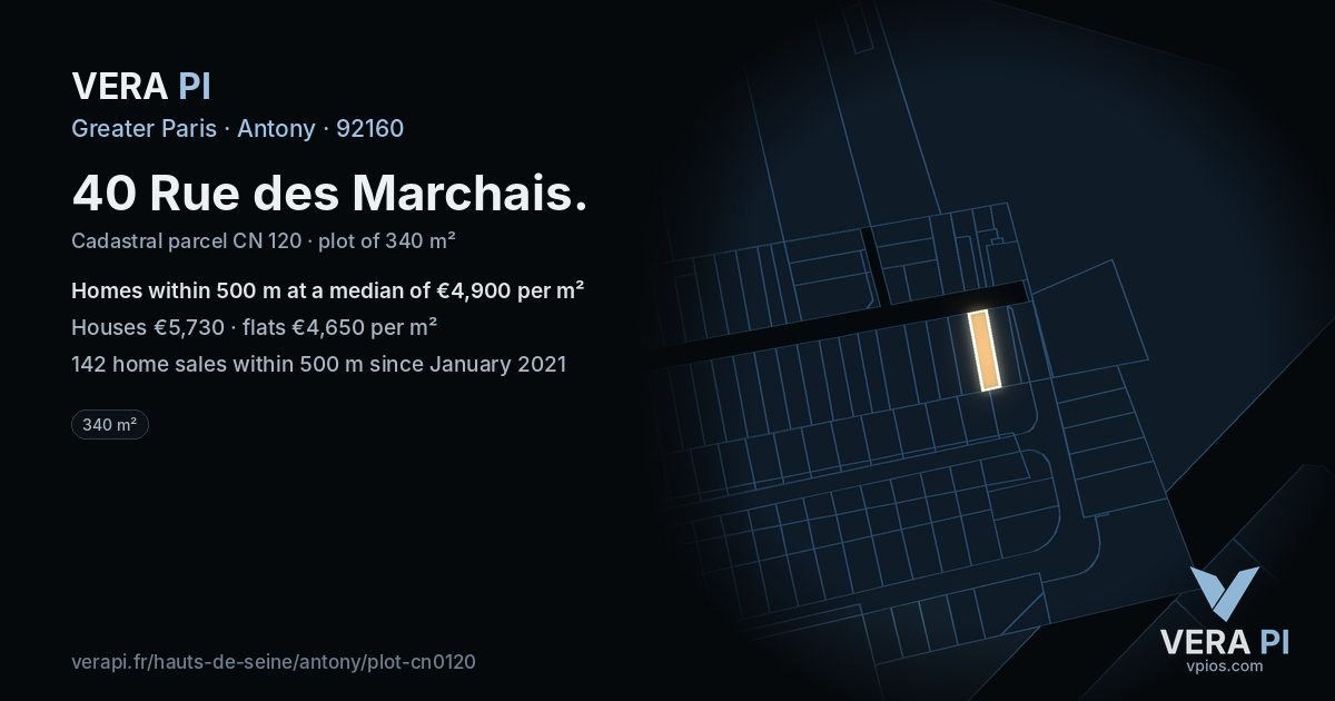 40 Rue des Marchais, Antony at night – the plot lit, the parcels around coloured by the prices near them