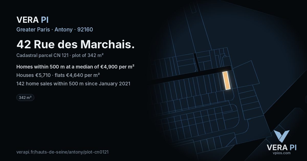 42 Rue des Marchais, Antony at night – the plot lit, the parcels around coloured by the prices near them