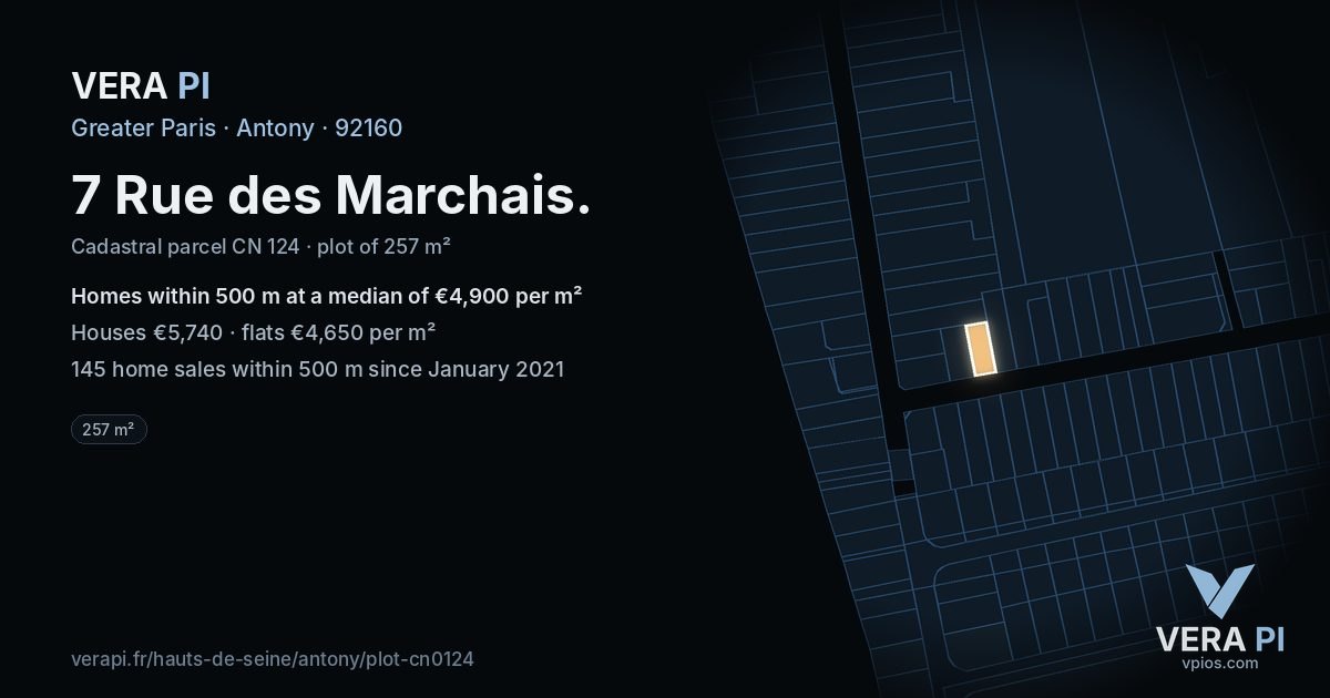 7 Rue des Marchais, Antony at night – the plot lit, the parcels around coloured by the prices near them