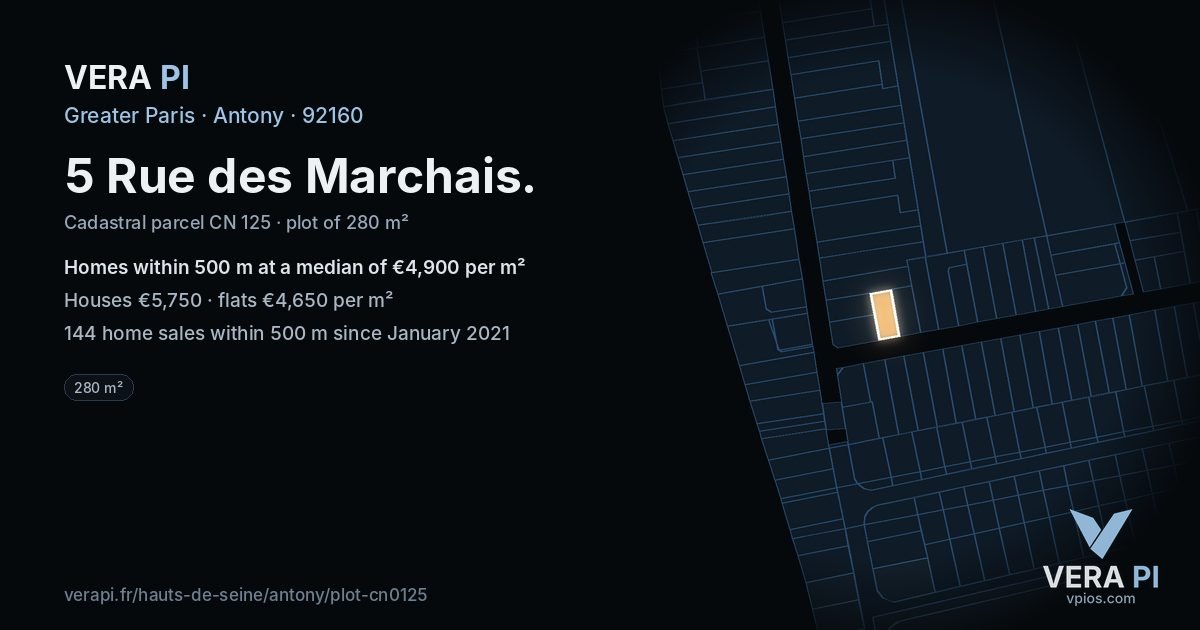 5 Rue des Marchais, Antony at night – the plot lit, the parcels around coloured by the prices near them