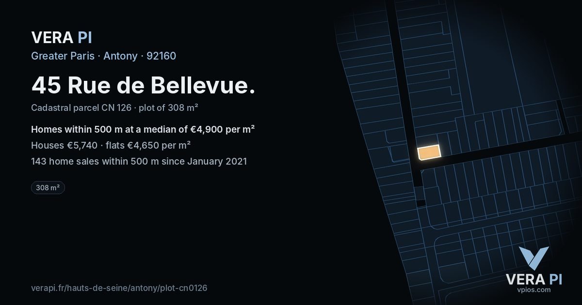 45 Rue de Bellevue, Antony at night – the plot lit, the parcels around coloured by the prices near them