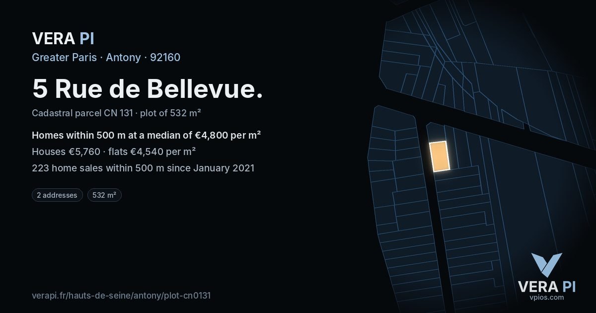 5 Rue de Bellevue, Antony at night – the plot lit, the parcels around coloured by the prices near them