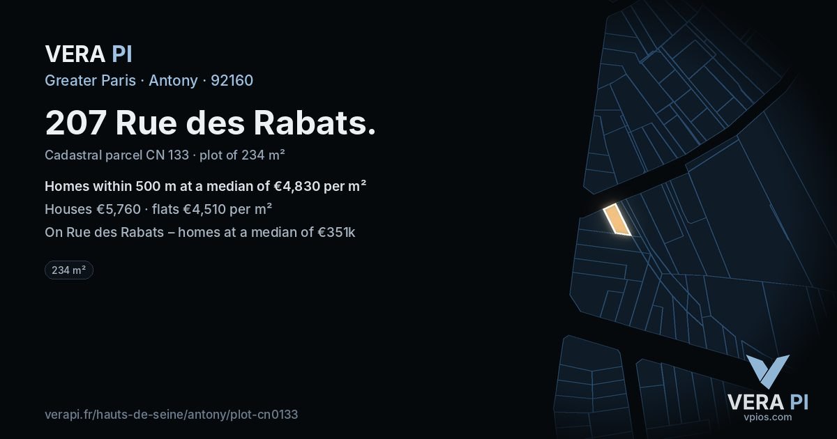 207 Rue des Rabats, Antony at night – the plot lit, the parcels around coloured by the prices near them