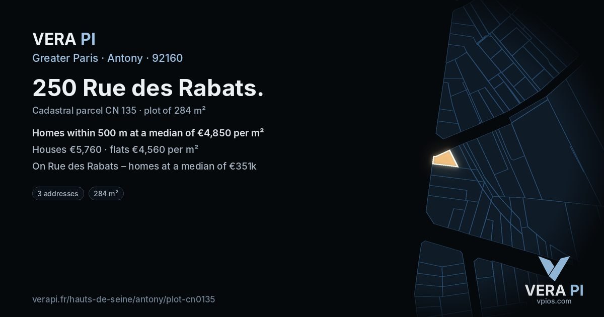250 Rue des Rabats, Antony at night – the plot lit, the parcels around coloured by the prices near them