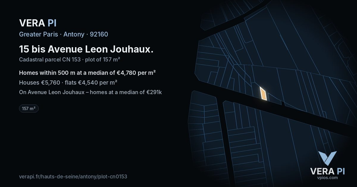15 bis Avenue Leon Jouhaux, Antony at night – the plot lit, the parcels around coloured by the prices near them