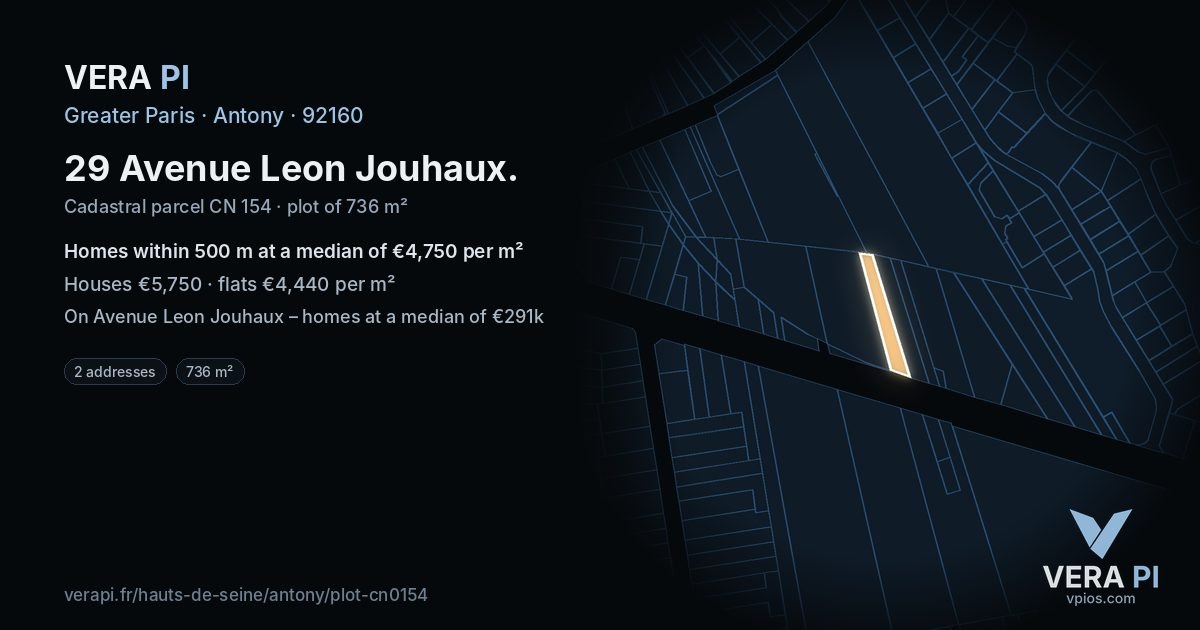 29 Avenue Leon Jouhaux, Antony at night – the plot lit, the parcels around coloured by the prices near them