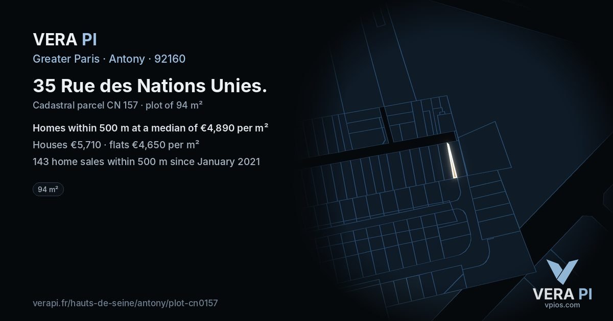 35 Rue des Nations Unies, Antony at night – the plot lit, the parcels around coloured by the prices near them