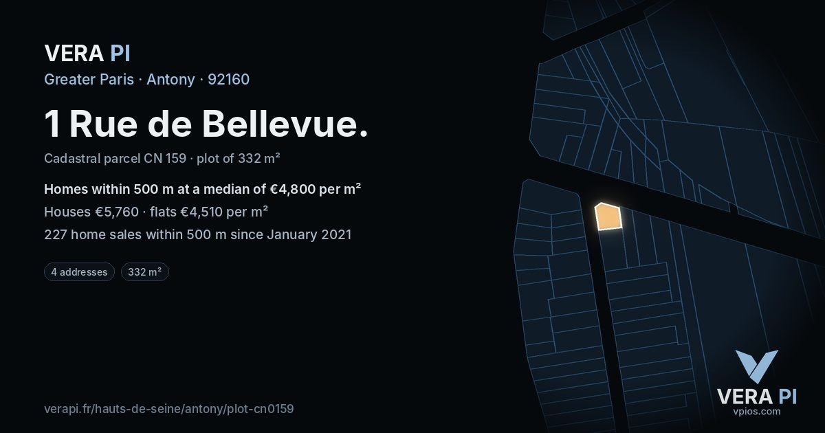 1 Rue de Bellevue, Antony at night – the plot lit, the parcels around coloured by the prices near them