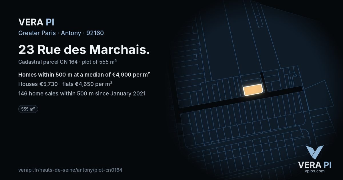 23 Rue des Marchais, Antony at night – the plot lit, the parcels around coloured by the prices near them