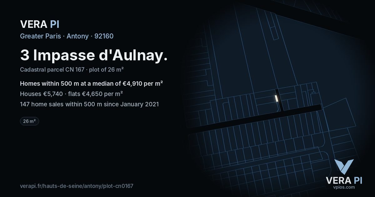 3 Impasse d'Aulnay, Antony at night – the plot lit, the parcels around coloured by the prices near them