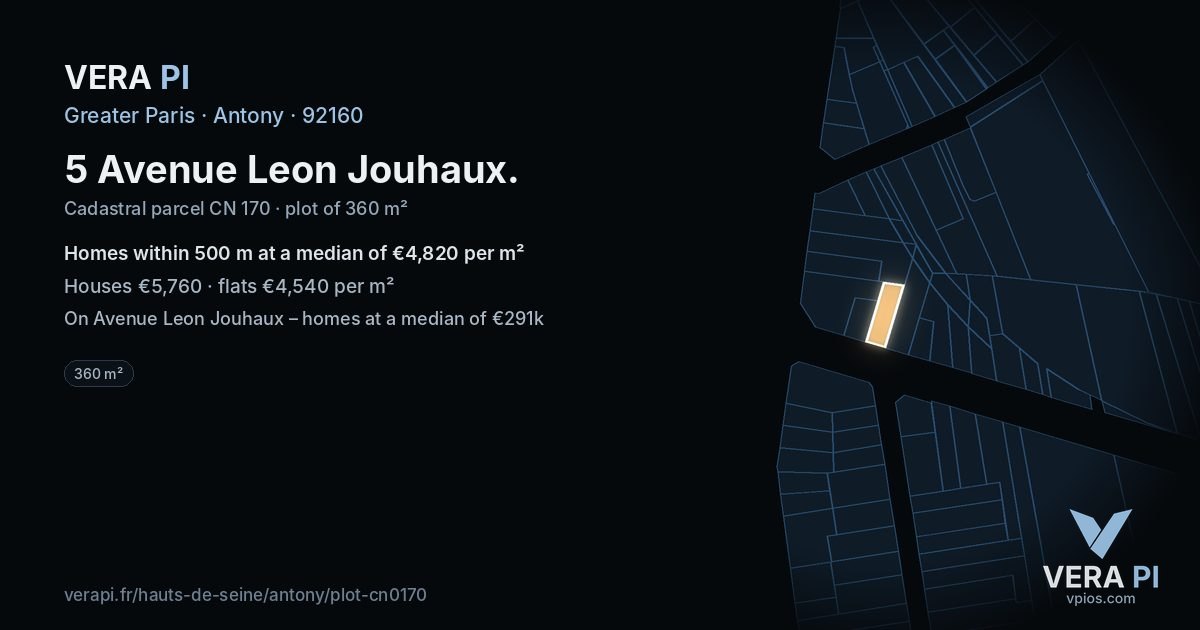 5 Avenue Leon Jouhaux, Antony at night – the plot lit, the parcels around coloured by the prices near them