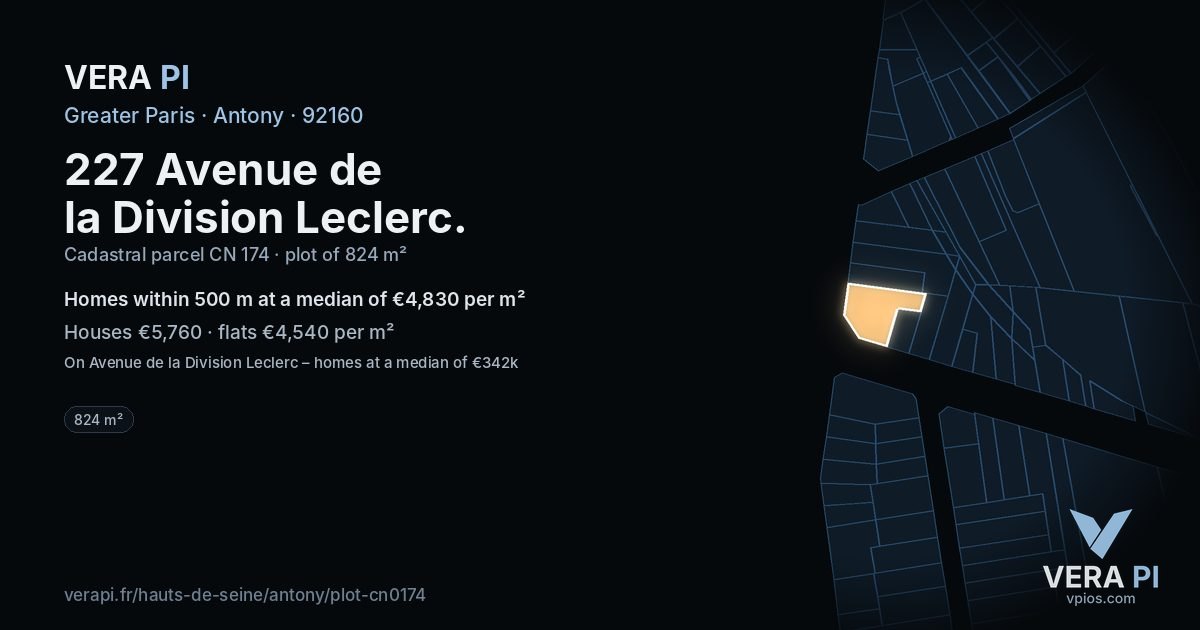 227 Avenue de la Division Leclerc, Antony at night – the plot lit, the parcels around coloured by the prices near them