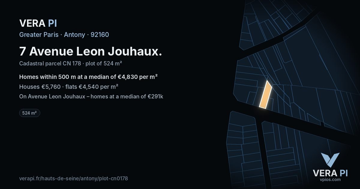 7 Avenue Leon Jouhaux, Antony at night – the plot lit, the parcels around coloured by the prices near them