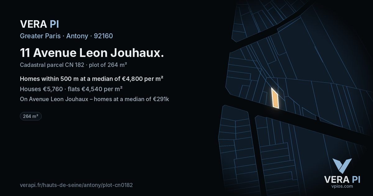 11 Avenue Leon Jouhaux, Antony at night – the plot lit, the parcels around coloured by the prices near them