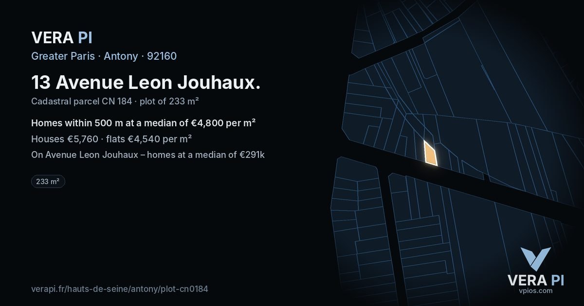 13 Avenue Leon Jouhaux, Antony at night – the plot lit, the parcels around coloured by the prices near them