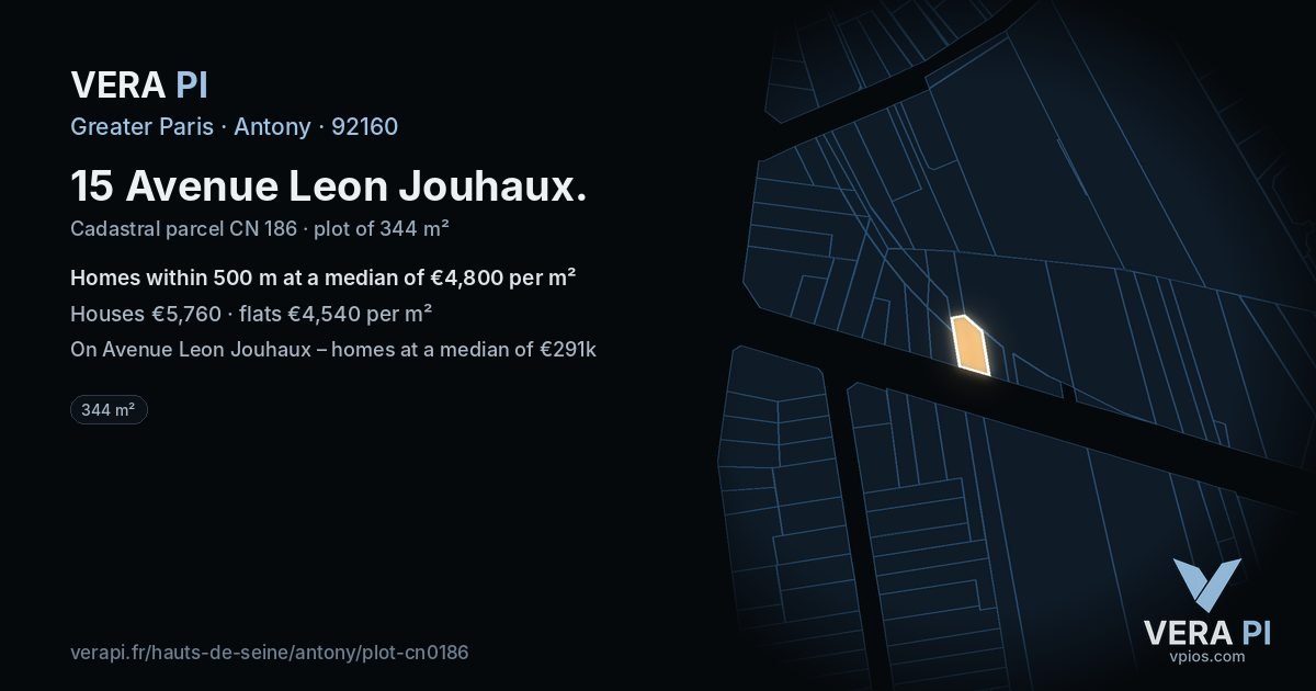 15 Avenue Leon Jouhaux, Antony at night – the plot lit, the parcels around coloured by the prices near them
