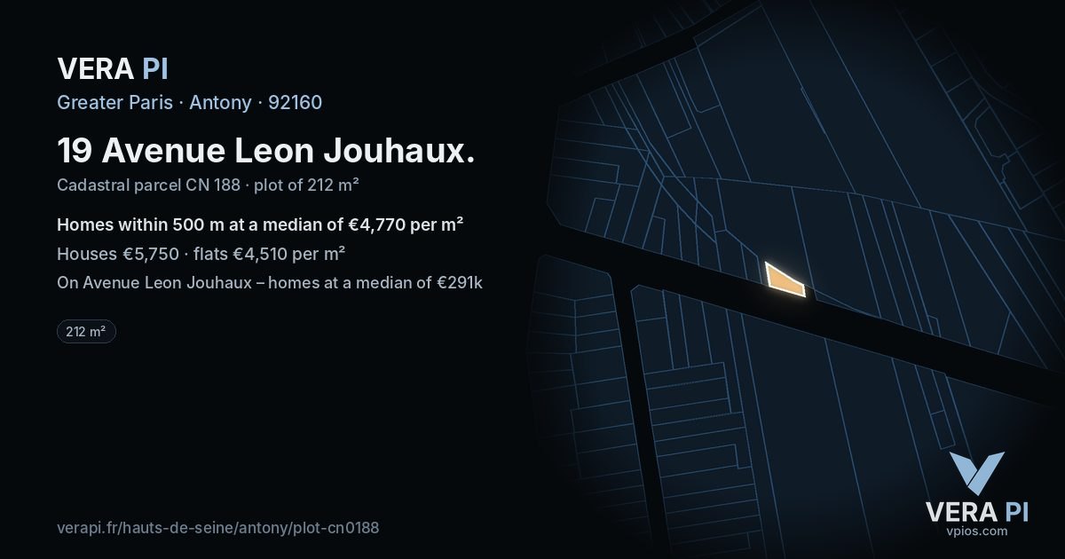 19 Avenue Leon Jouhaux, Antony at night – the plot lit, the parcels around coloured by the prices near them