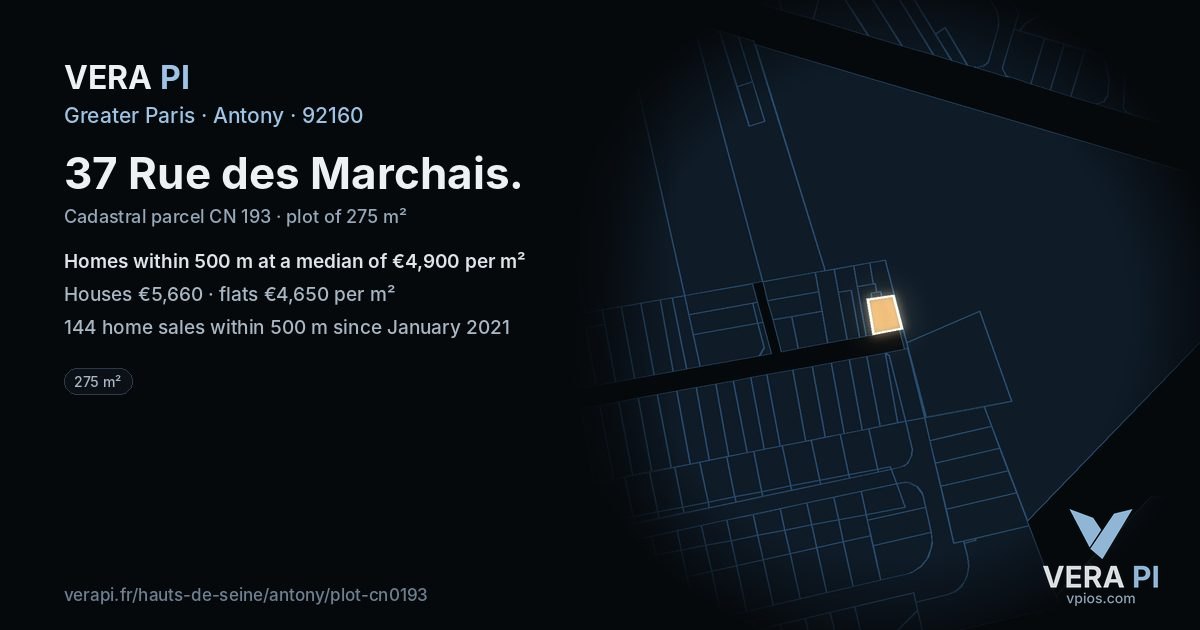 37 Rue des Marchais, Antony at night – the plot lit, the parcels around coloured by the prices near them