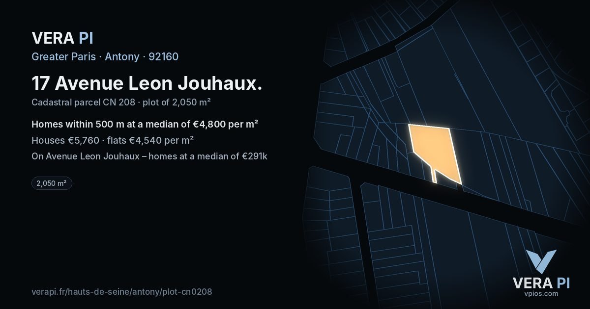 17 Avenue Leon Jouhaux, Antony at night – the plot lit, the parcels around coloured by the prices near them