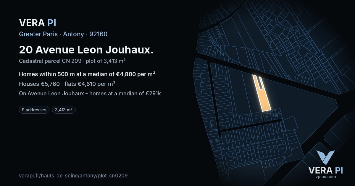 20 Avenue Leon Jouhaux, Antony at night – the plot lit, the parcels around coloured by the prices near them