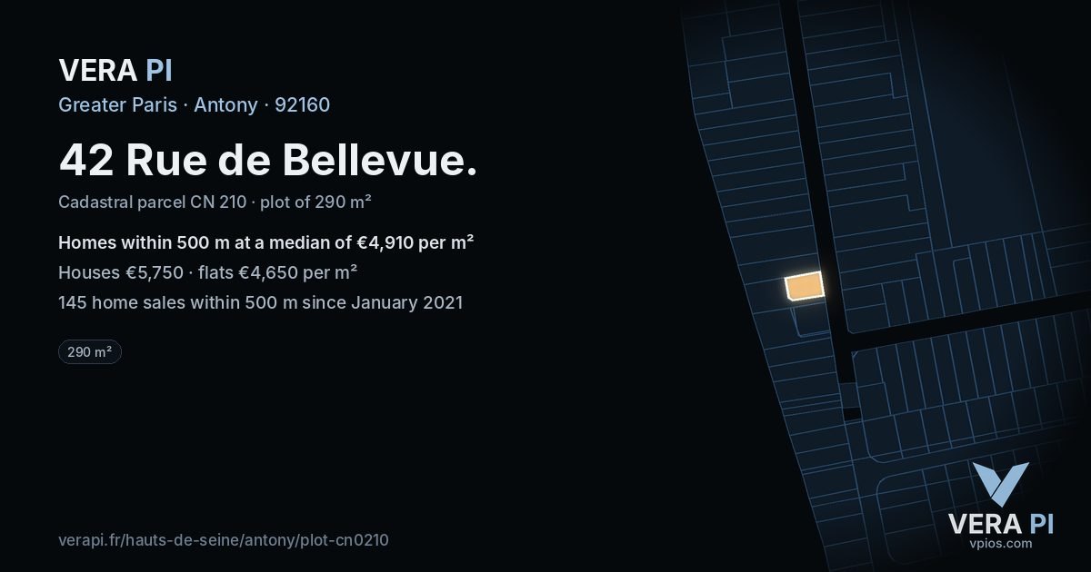 42 Rue de Bellevue, Antony at night – the plot lit, the parcels around coloured by the prices near them