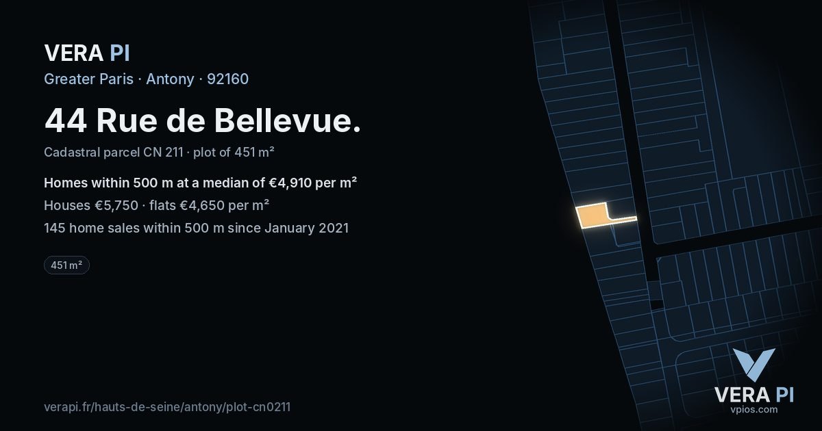 44 Rue de Bellevue, Antony at night – the plot lit, the parcels around coloured by the prices near them