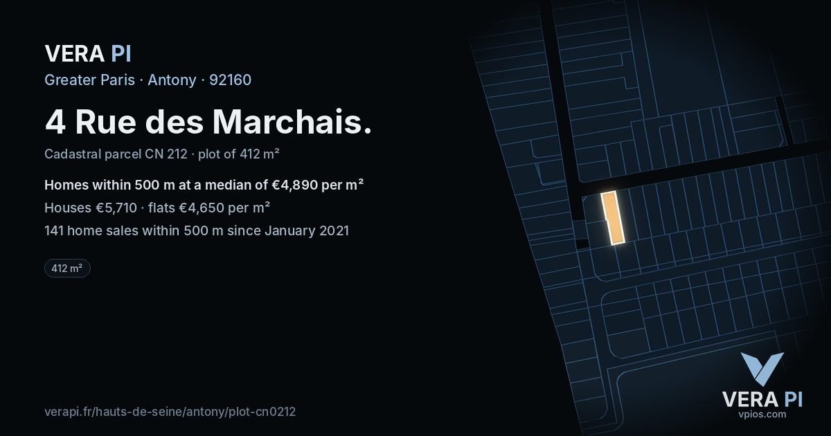 4 Rue des Marchais, Antony at night – the plot lit, the parcels around coloured by the prices near them