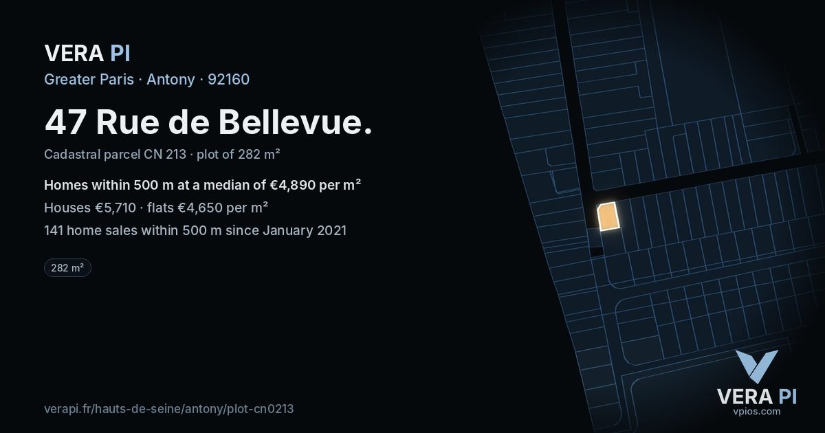 47 Rue de Bellevue, Antony at night – the plot lit, the parcels around coloured by the prices near them