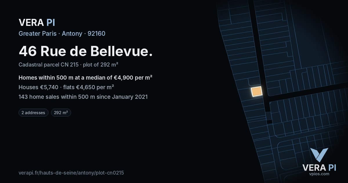 46 Rue de Bellevue, Antony at night – the plot lit, the parcels around coloured by the prices near them