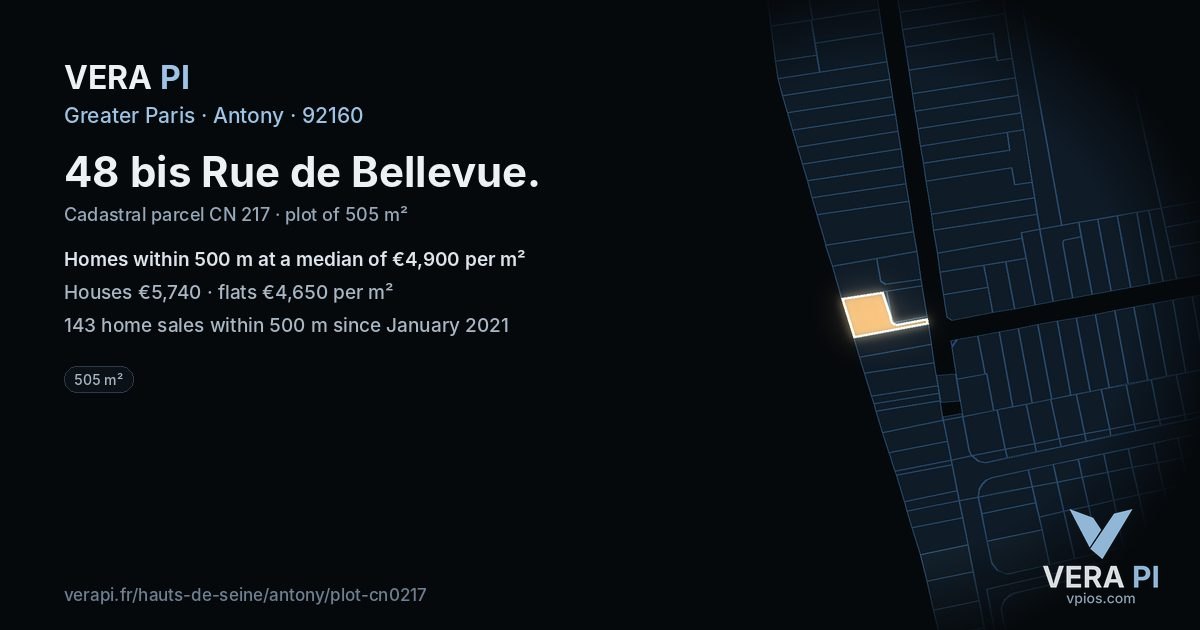 48 bis Rue de Bellevue, Antony at night – the plot lit, the parcels around coloured by the prices near them